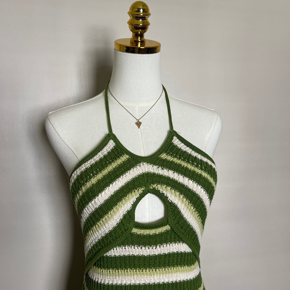 Sincerely Jules Green Striped Crochet Halter Midi Dress Keyhole Cutout Size M - Picture 3 of 9